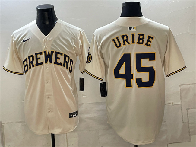 Men's Milwaukee Brewers #45 Abner Uribe Cream Stitched Baseball Jersey